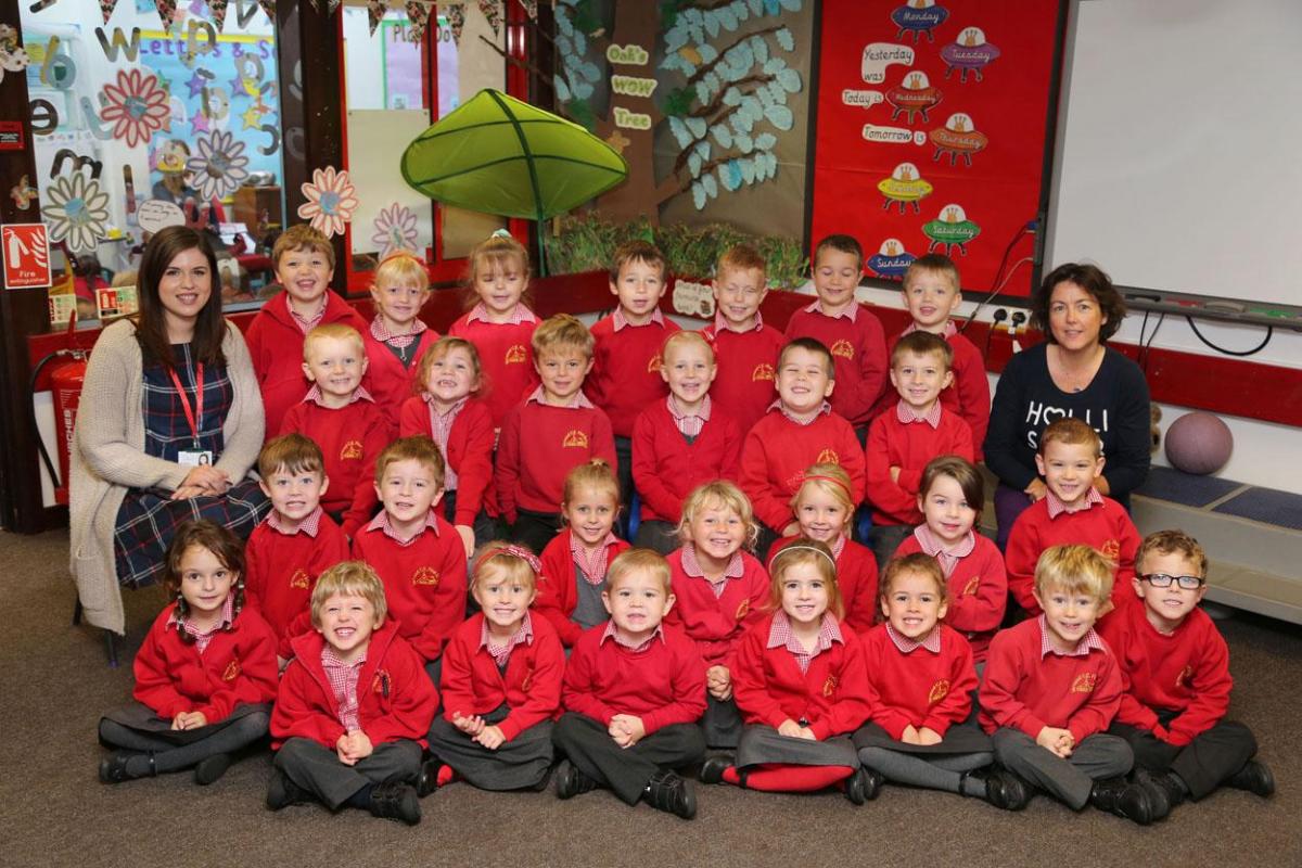 Reception children in Oak base at Verwood First School with teacher Elle Harding and TA Louise Rackley