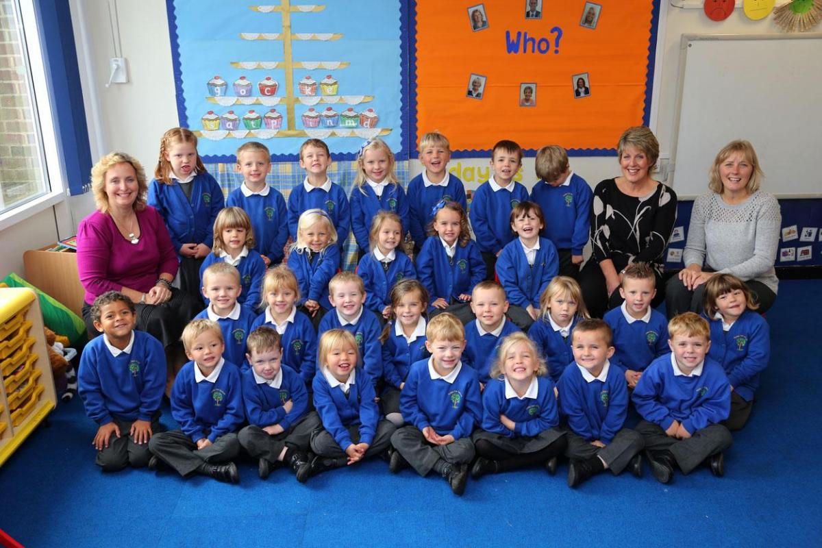 Reception children  at Parley First School with teacherJenni French and TA's Debbie Viney and Susie Guest