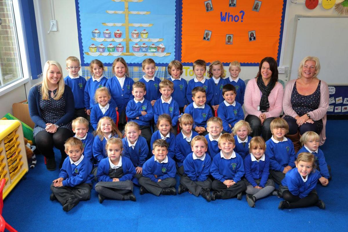 Reception children at Parley First School with teacher Charlotte Brumpton and TA's Nicky Leaper and Jane Rawlings.