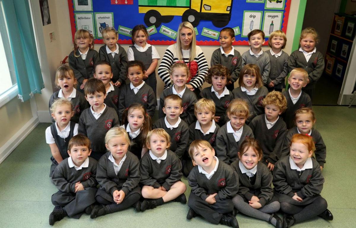 Reception class pupils at Bishop Aldhelms Primary School with teacher Emma Christie.