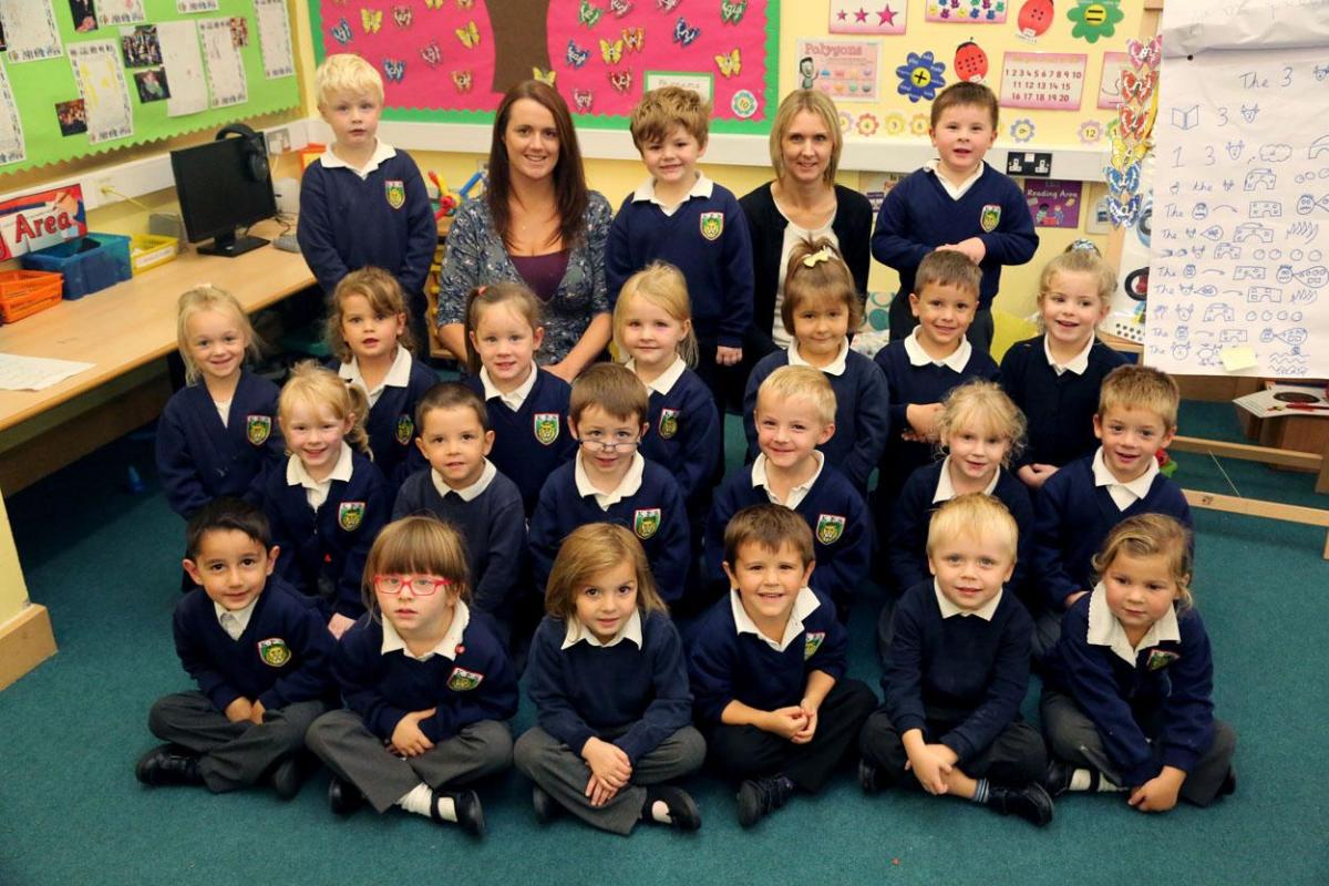 Reception Class pupils at Kingsleigh Primary School with teacher Katie Tindall and TA Donna Garland.