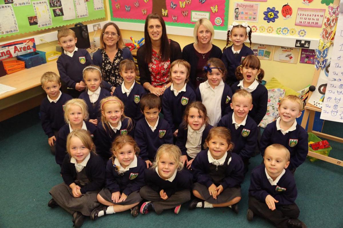 Reception Class pupils at Kingsleigh Primary School with, left to right, TA Nicky Rowley, teacher Laura Kurtul and TA Jodie Frankland.