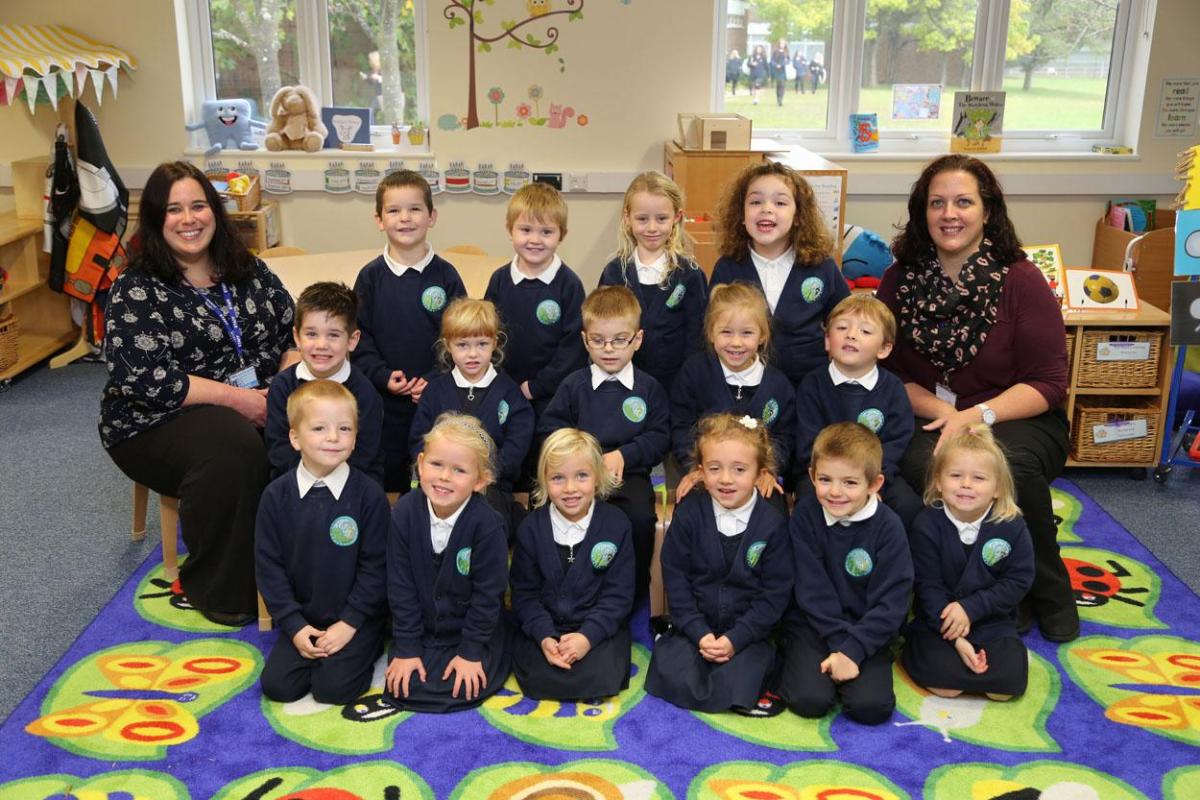 Reception children in Rabbits class  at Avonwood Primary School with teacher  Emma Harper and TA Lucy Burns.