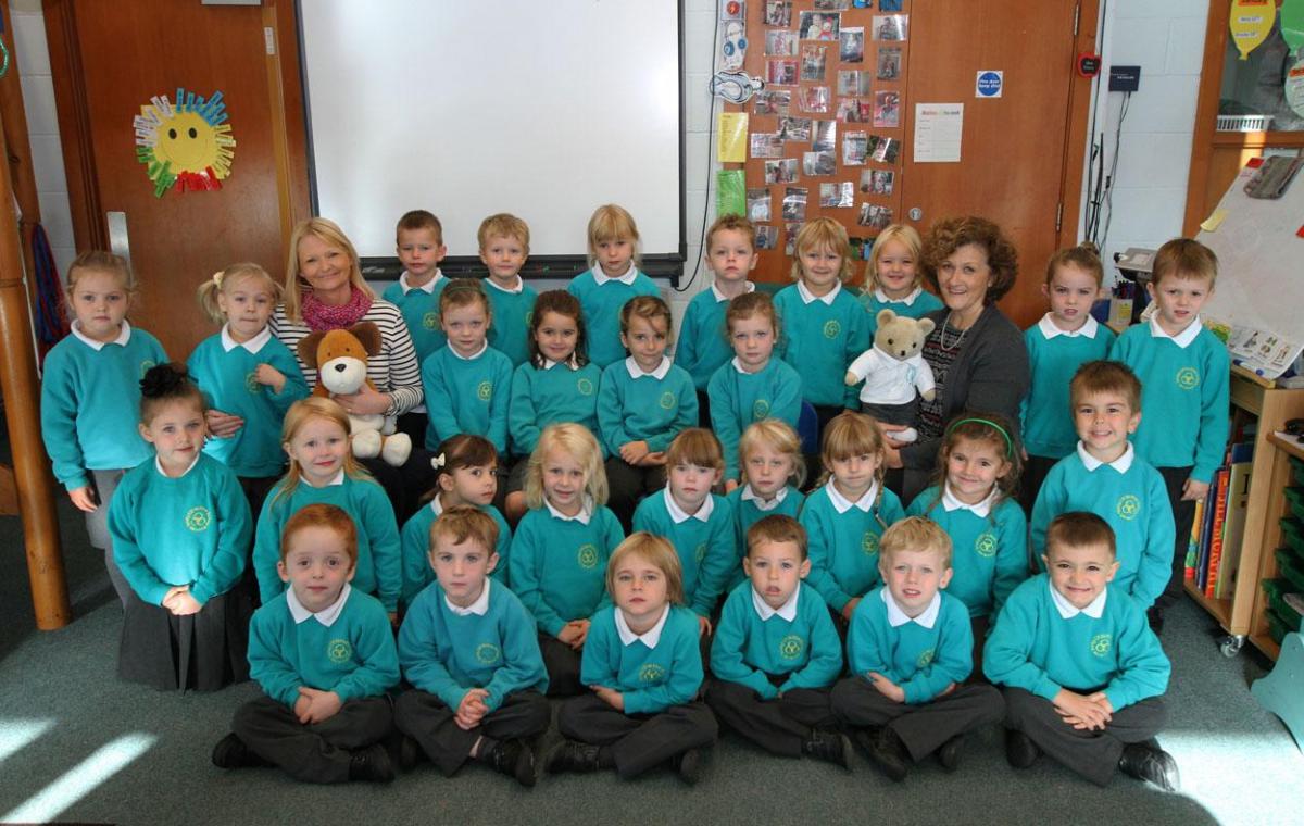 Trinity First School, Verwood, Squirrels class with  teacher Mrs Julia Evans, left, who job shares with Mrs Hilary Viana, and TA Mrs Gio Calvert.