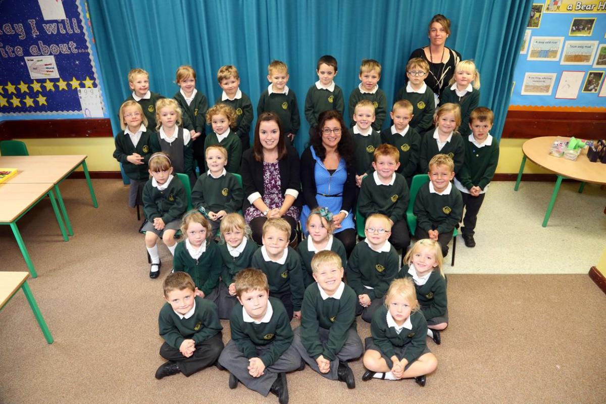 Suns Reception Class at Ad Astra First School with teacher Miss Coat, and TA's Mrs DiMarco and Mrs Cross.