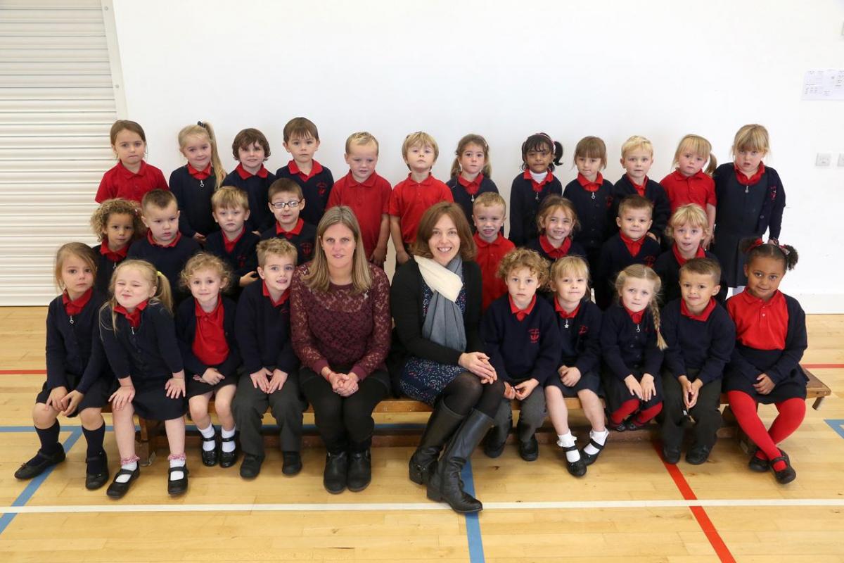 Kingfisher Reception Class at Christ The King RC School with TA Jo Spetch and teacher Ali Davies.