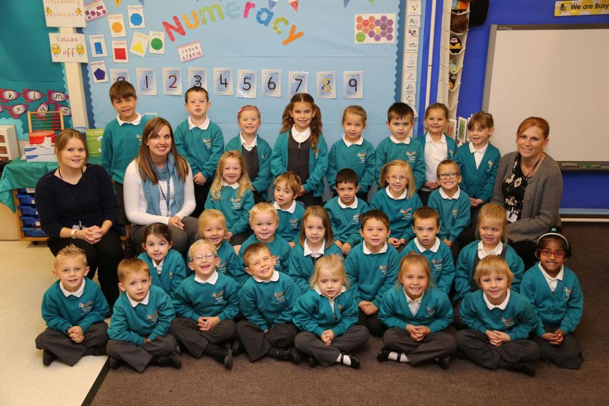 Reception children in Busy Bees class at Stanley Green Infant Academy in Poole with teachers Sarah Weeks and Nikki Dighton and TA  Kerry Clemons
