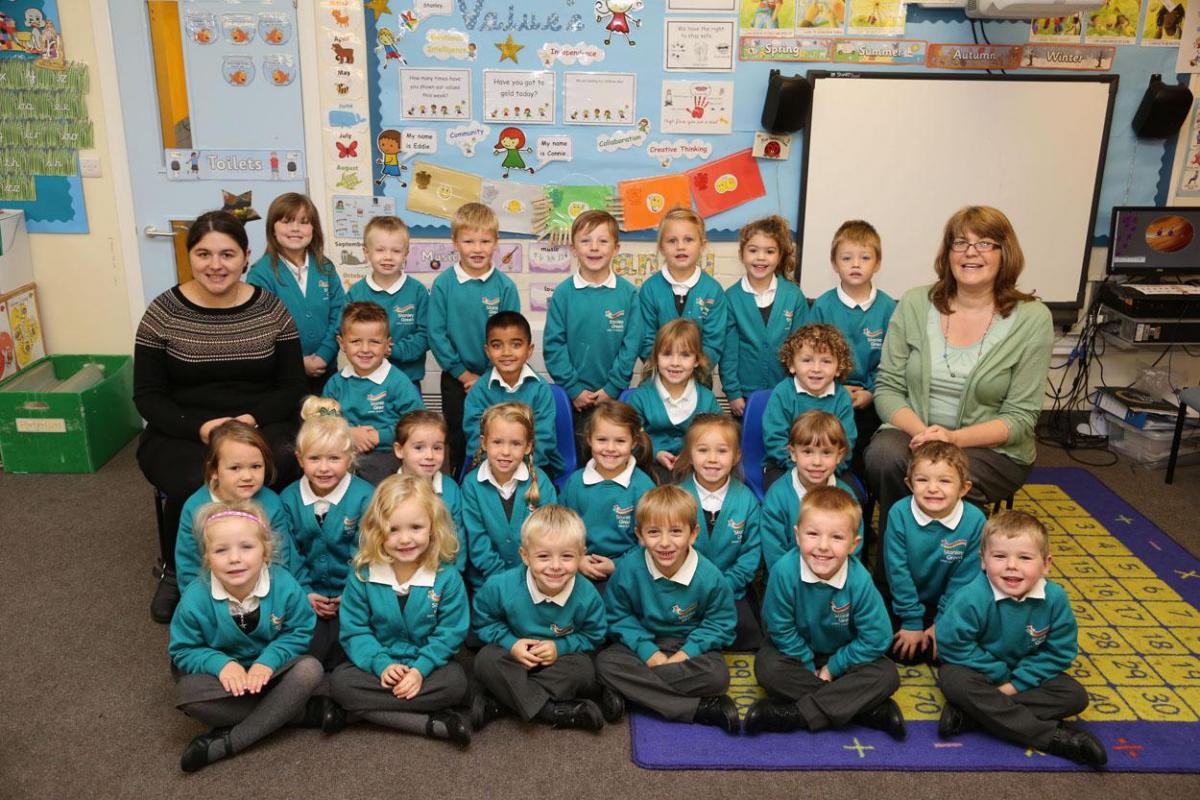 Reception children in Ladybirds class at Stanley Green Infant Academy in Poole with teacher Laura Humber and TA  Sue Matthews
