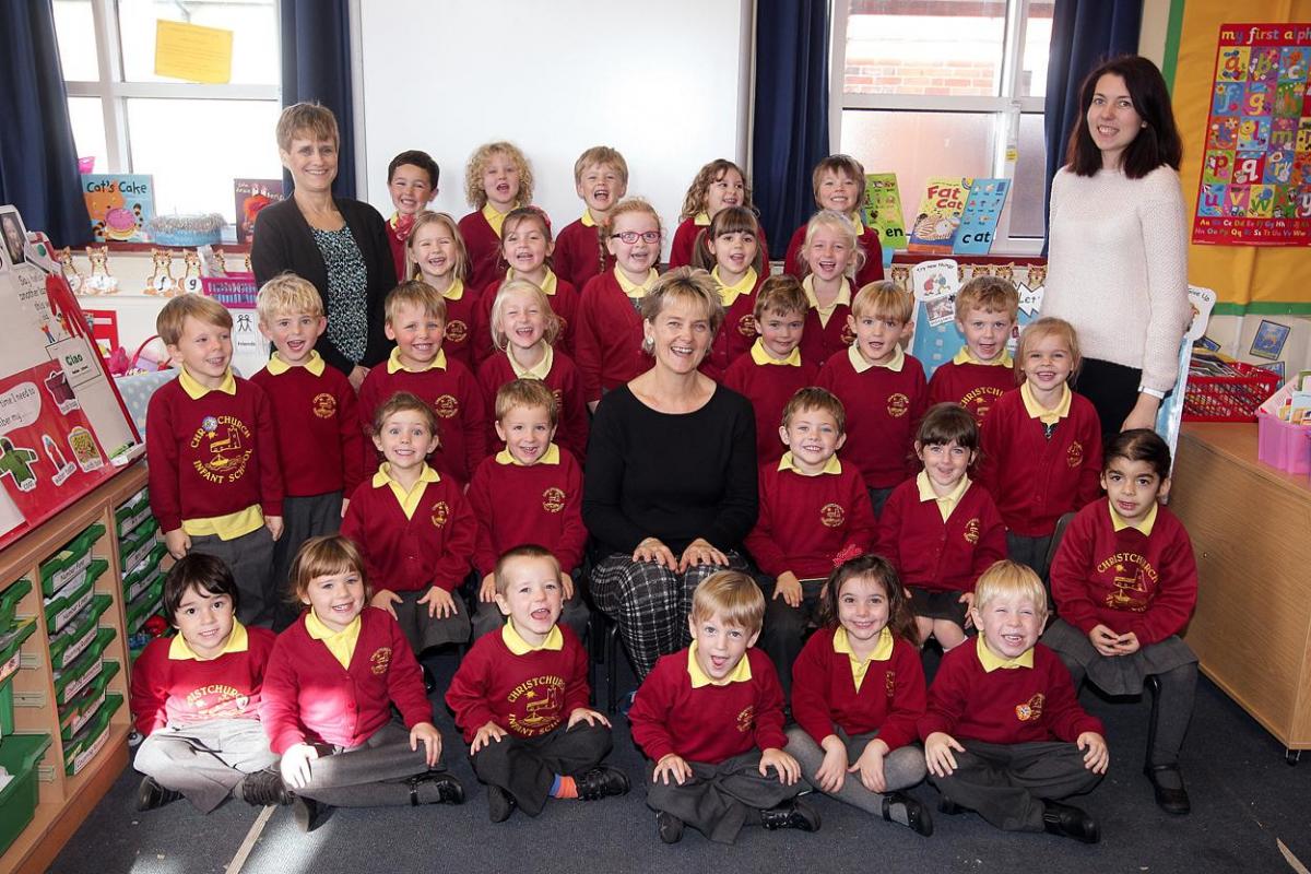 FH class at Christchurch Infants School with teacher Yvie Hall, centre, TA Sarah Bishop, right and SEN TA Cathy Lines.