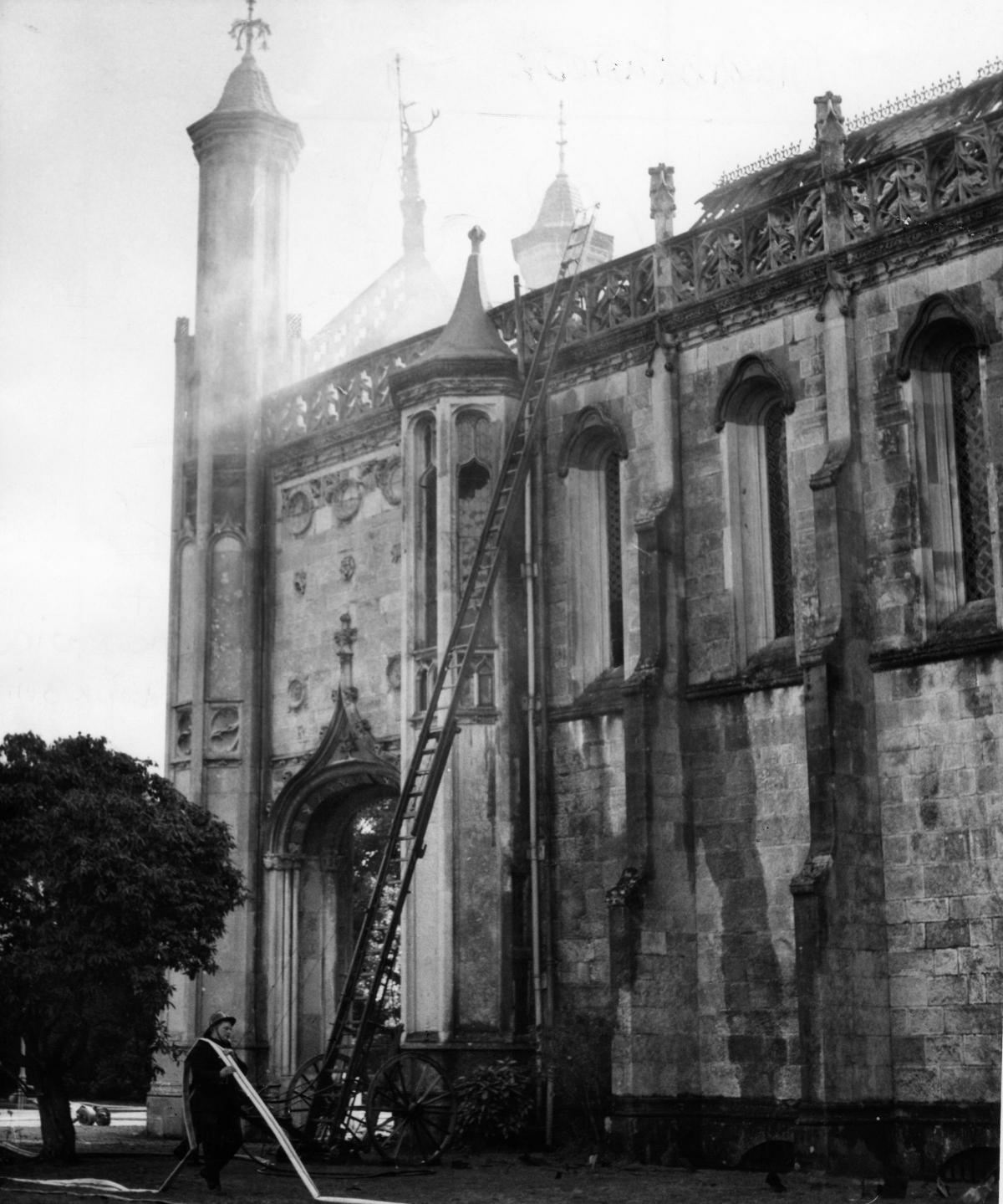 Highcliffe Castle on  fire in 1967.