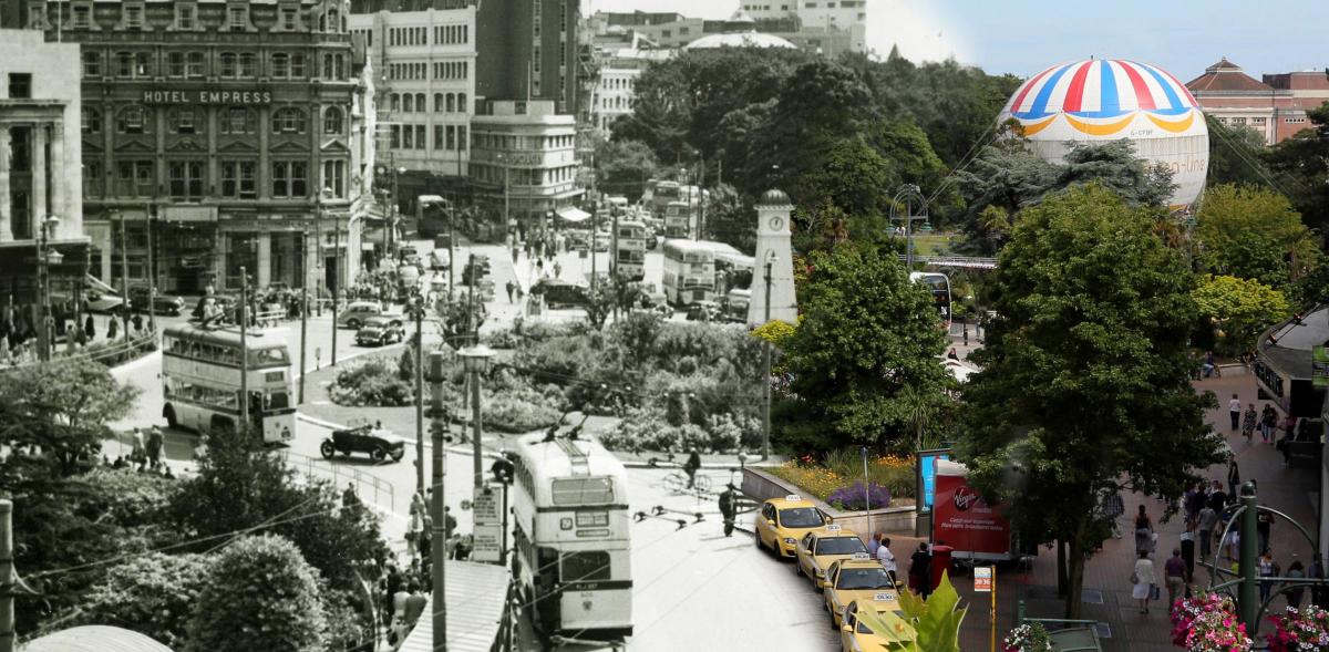 Bournemouth Square viewed from  top floor of the Body Shop building on corner of Commercial Road and Avenue Road + Bournemouth Square in 1951 and 2014