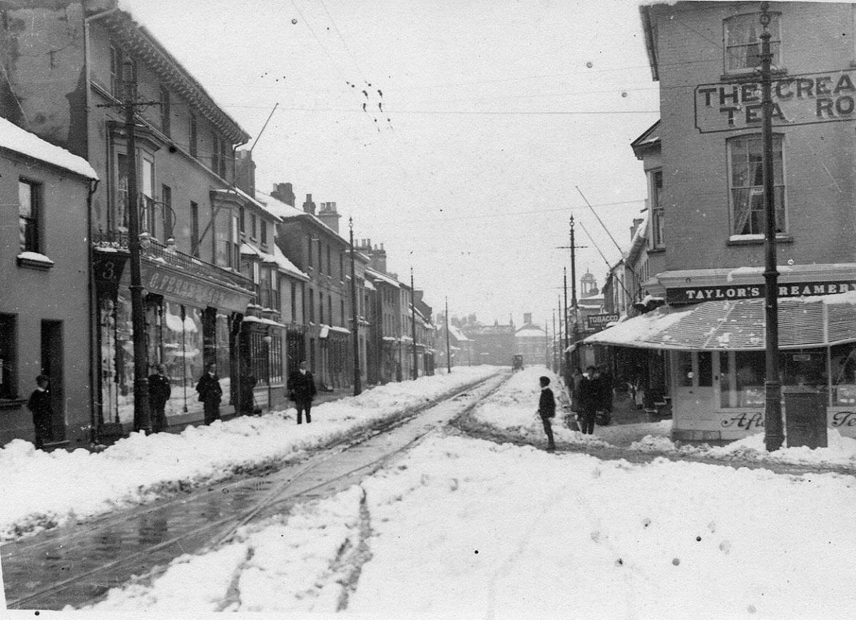 The west side of Christchurch High Street and Castle Street under 3 inches of wet snow. Picture taken between 1905 and 1914	 Picture: Red House Museum