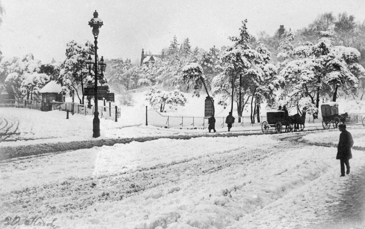 The entrance to Bournemouth Winter Gardens (the first winter gardens made of glass) during the great snowstorm of 1908 	Picture: Peters Collection
