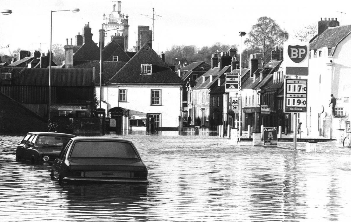 A flooded Blandford after the storm of 1979.