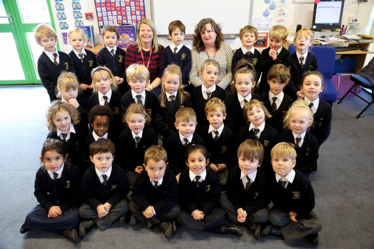 Reception class pupils in the Skylark class with teacher Fiona Pollard and TA Tracey Willsher at St Katharines Primary School in Southbourne. 
