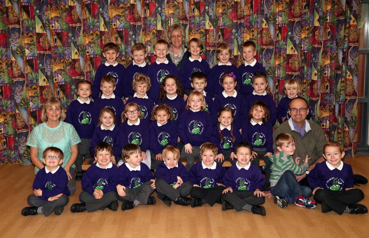 Reception class at Henbury View First School. Pictured are teacher Sue Lucas, back centre, HLTA Lesley Champion, left and TA Rob Dennis, right.