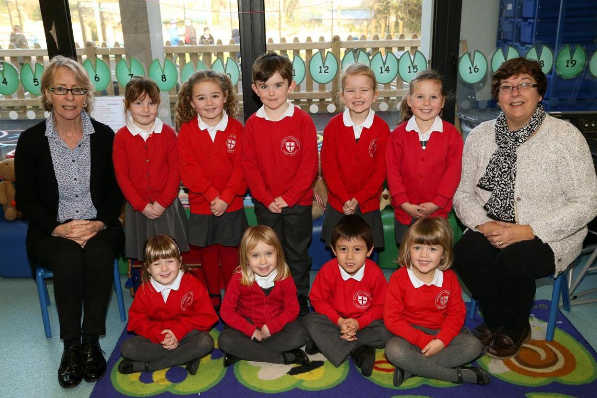 Reception Class at St George's Primary school with teacher Helen Hinsull, right and TA Marian Cotton.