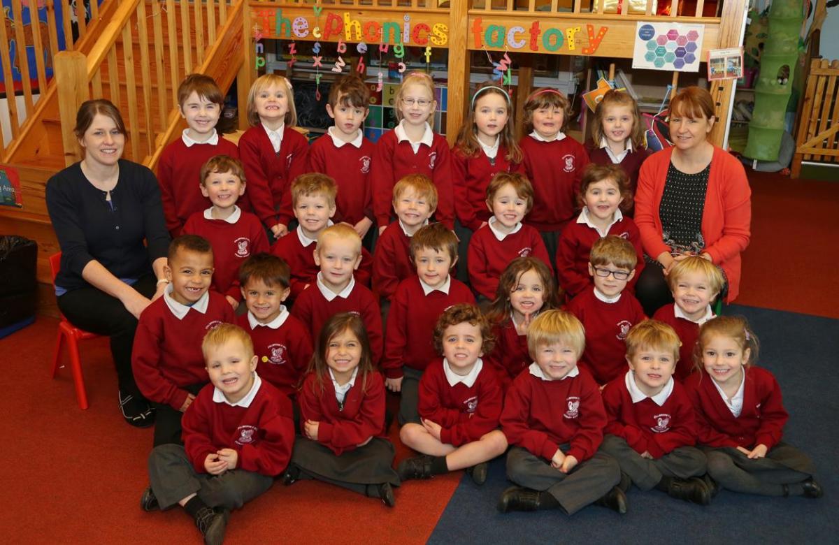  Reception children at Stalbridge Primary school with TA Vicky Matthews, left, and HLTA Gill Prill.