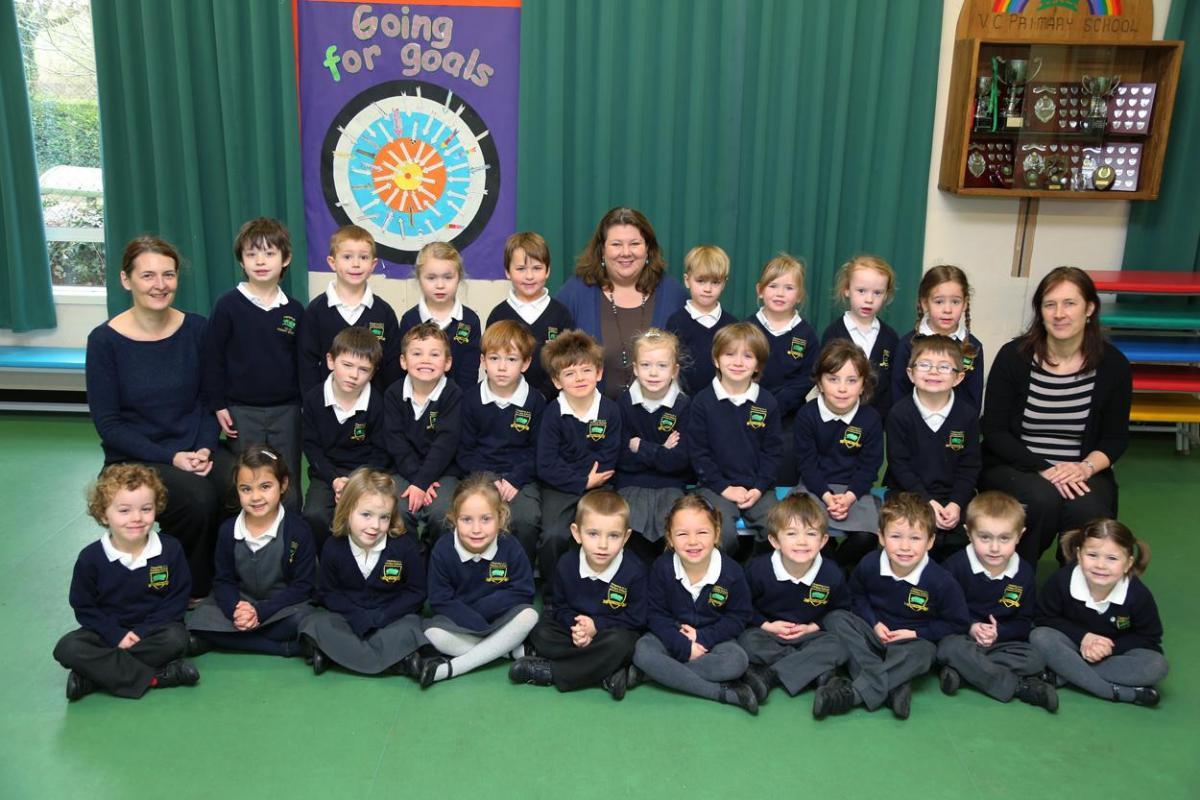  Reception children at Pimperne Primary School with teacher  Fiona Waller, centre, and TA's Sarah Tetley, left, and Kirsty Brown