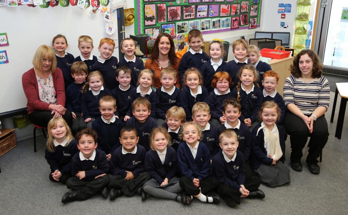  Reception children at Milldown Primary School with teacher Allison Manning, centre, and TA's Sarah McNab, left, and Sian Pitman.