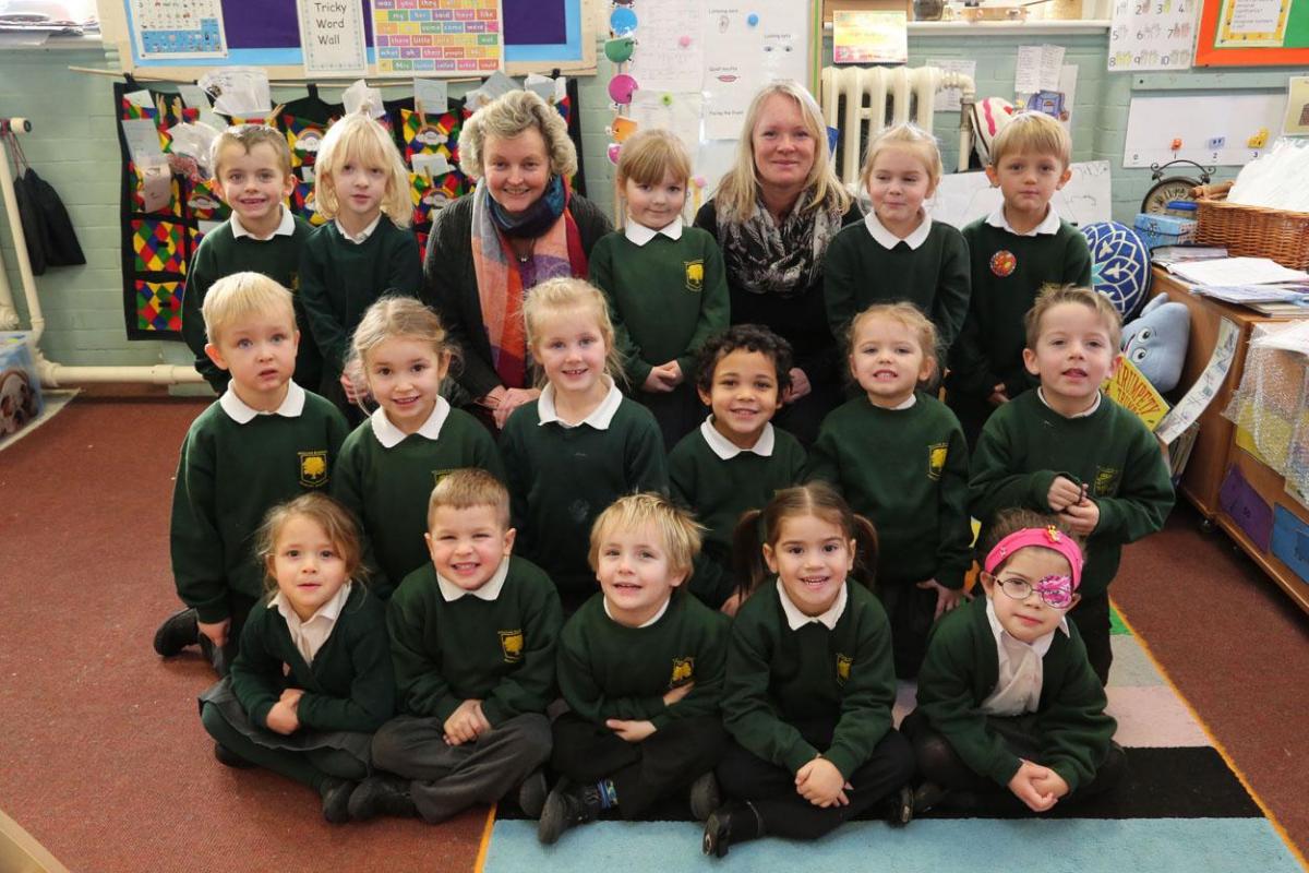  Reception class pupils at William Barnes Primary School with TA Karen Rose and teacher Jemm O'Rourke. 
