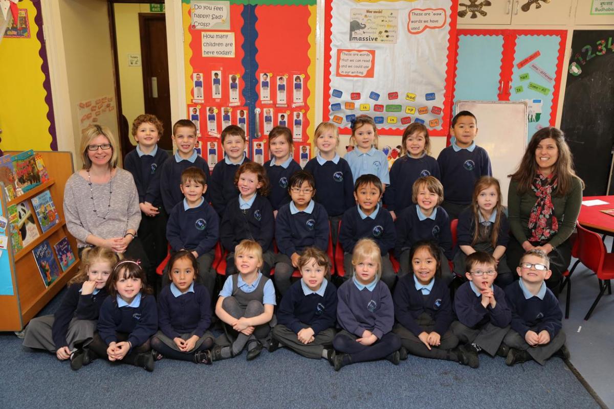 Reception children in Sweet Chestnut class at Downlands Primary School in Blandford with teacher Rachel Magor and TA Avigail Aharon