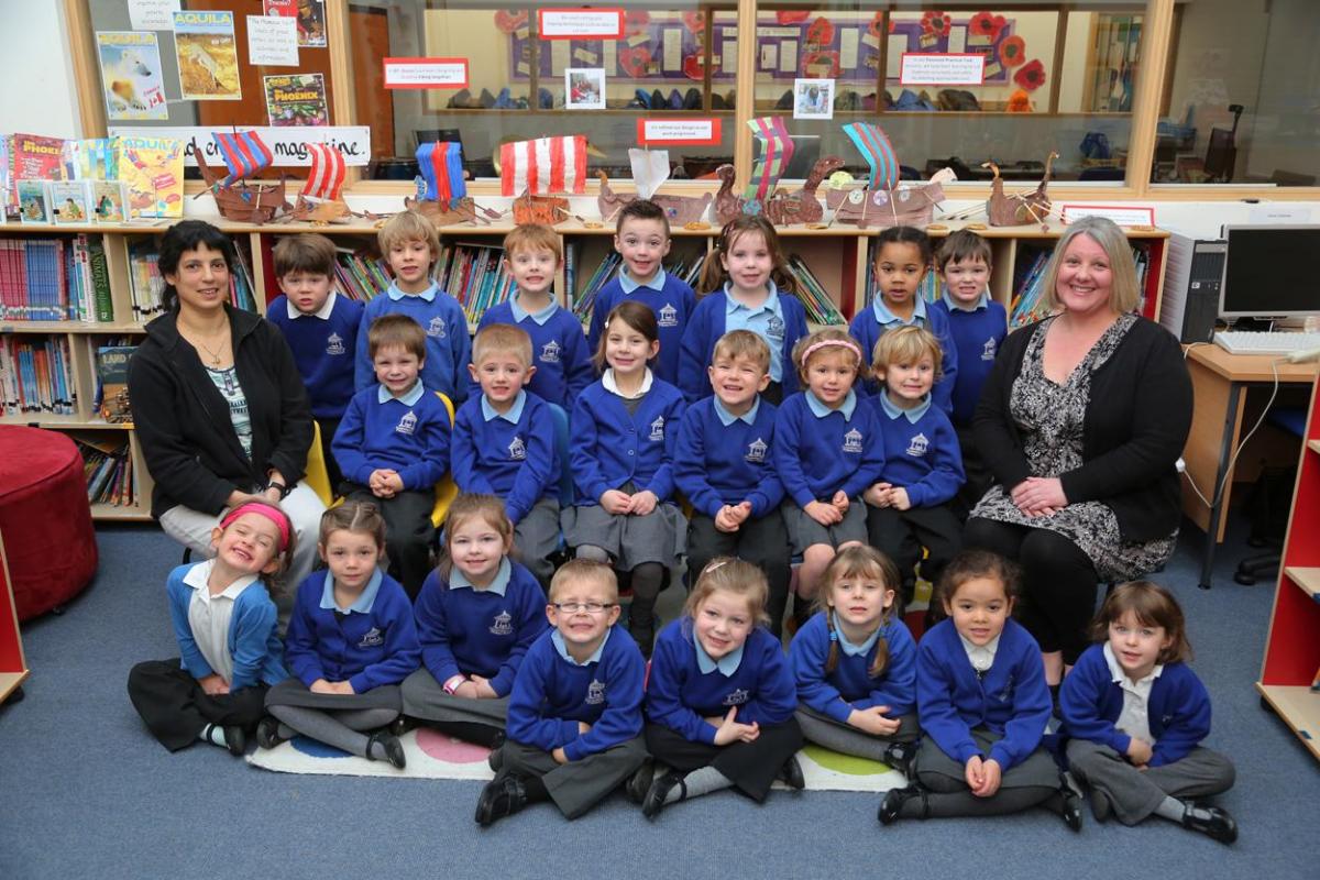 Reception children at Durweston Primary School with TAs Rachel Plummer and Sandra Holloway.