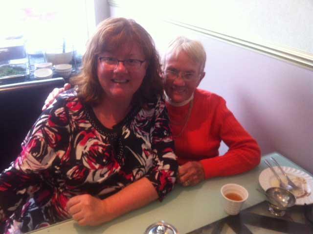 Anne-Marie Robinson with Jean McCloy. Out for lovely lunch at Wonderful Kitchen in Charminster.