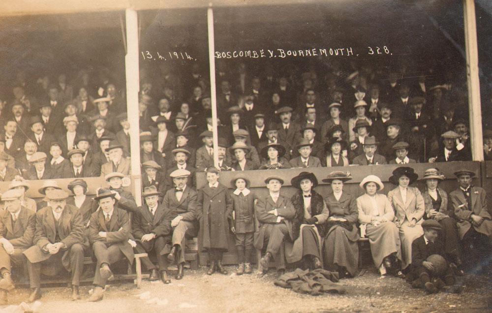 Crowd in the stands at Boscombe FC  v Bournemouth football match on the  13 April, 1914. A selection of the images that are featured in the Daily Echo, AFC Bournemouth Photographic Book.