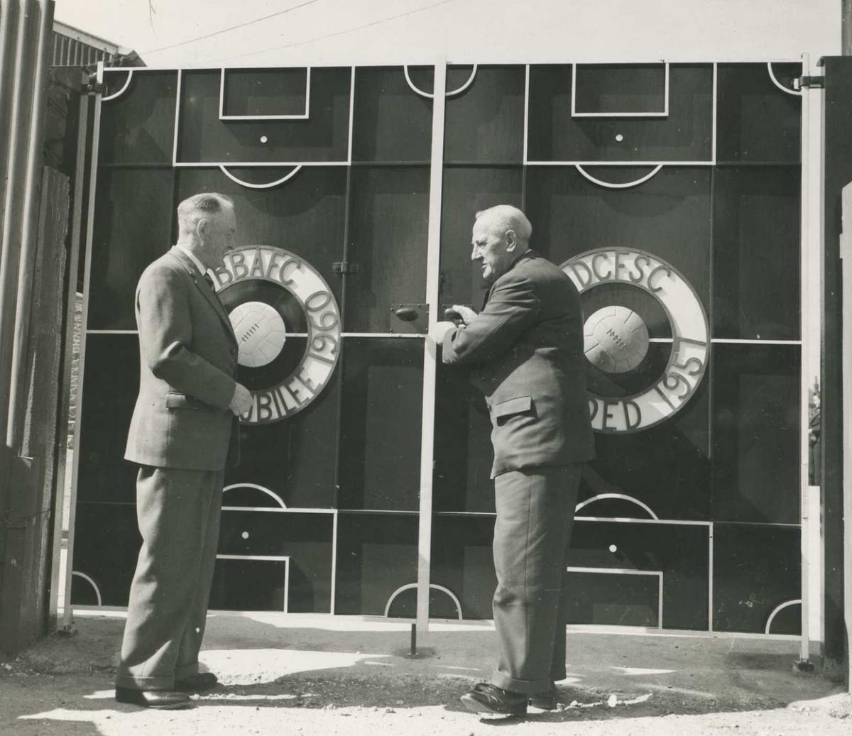 Cllr WJ Wareham, president of Dean Court football supporters club, handing over new metal gates at Dean Court to chairman Reg Hayward, to commemorate the diamond jubilee of the club April 1960 A selection of the images that are featured in the Daily Echo,