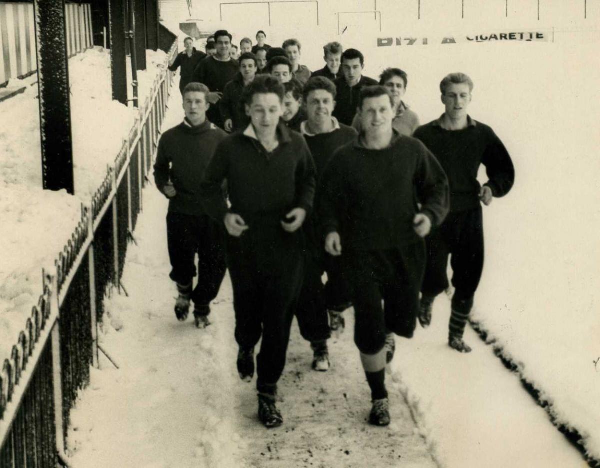 Snow covers Dean court in January 1963  but training continues.  A selection of the images that are featured in the Daily Echo, AFC Bournemouth Photographic Book.