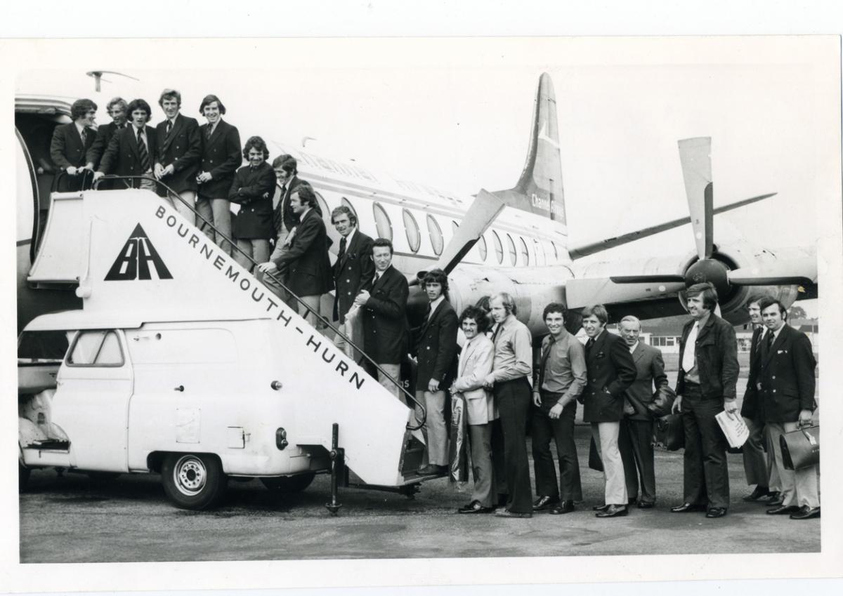 Cherries fly to Guernsey for a four-day stay at the Vale recreation Club on the island August 1971.  A selection of the images that are featured in the Daily Echo, AFC Bournemouth Photographic Book. 