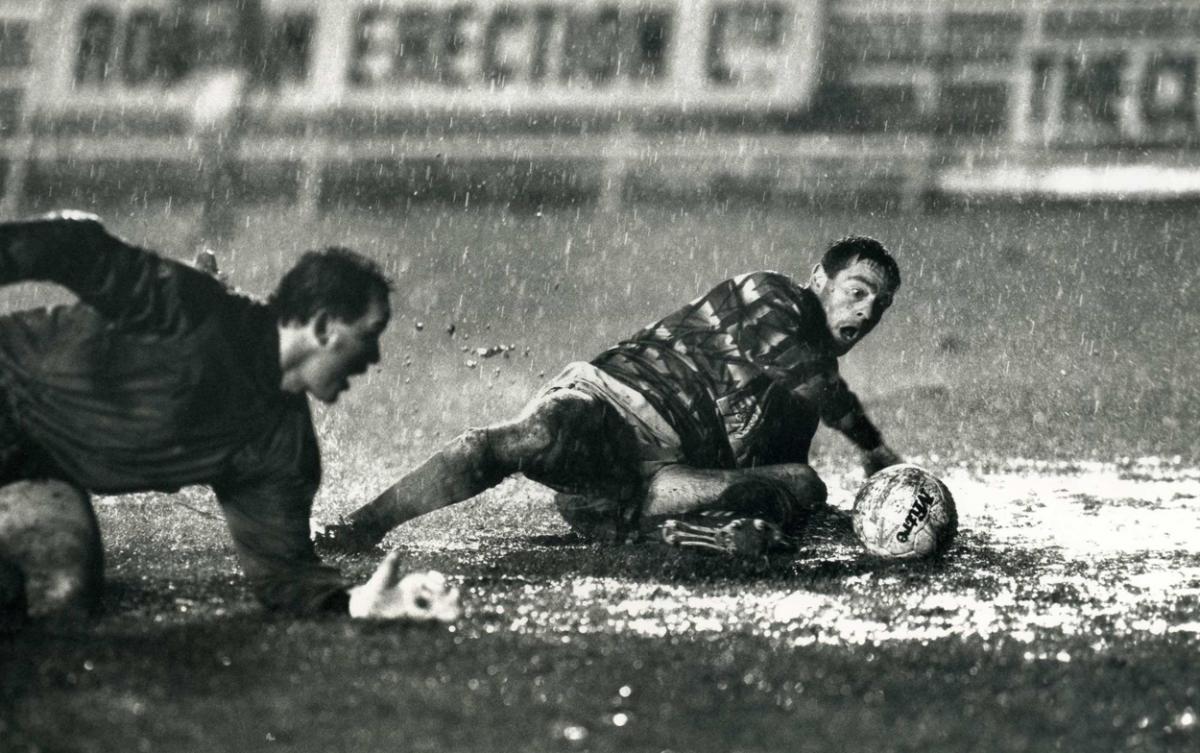 Denny Mundee scores Cherries second goal as the Barnet keeper scarambles back in vain, 25 Nov 1992	Barnet v AFC Bournemouth. A selection of the images that are featured in the Daily Echo, AFC Bournemouth Photographic Book.