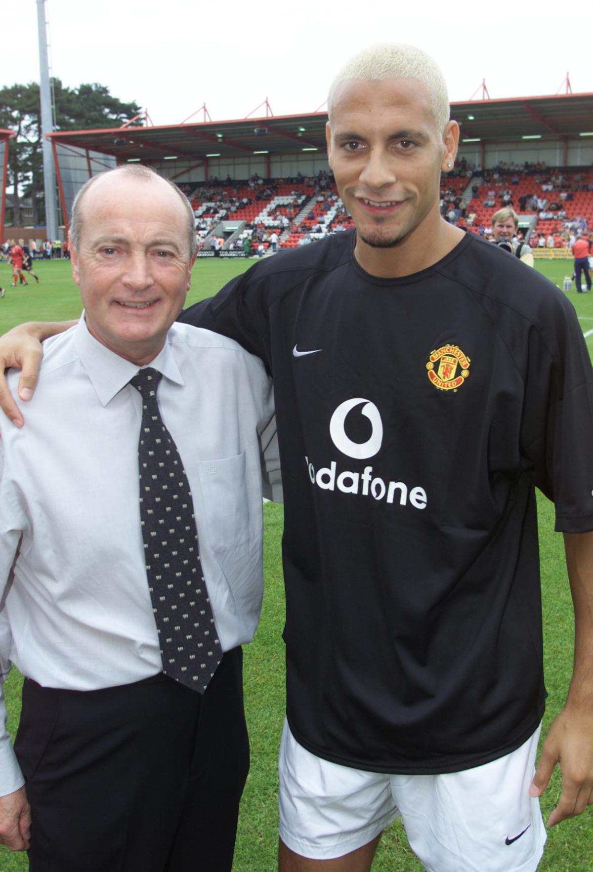 Mel Machin testimonial match, AFC Bournemouth v Manchester United July 2002.  Rio Ferdinand  greets Mel Machin before the match. A selection of the images that are featured in the Daily Echo, AFC Bournemouth Photographic Book. 
