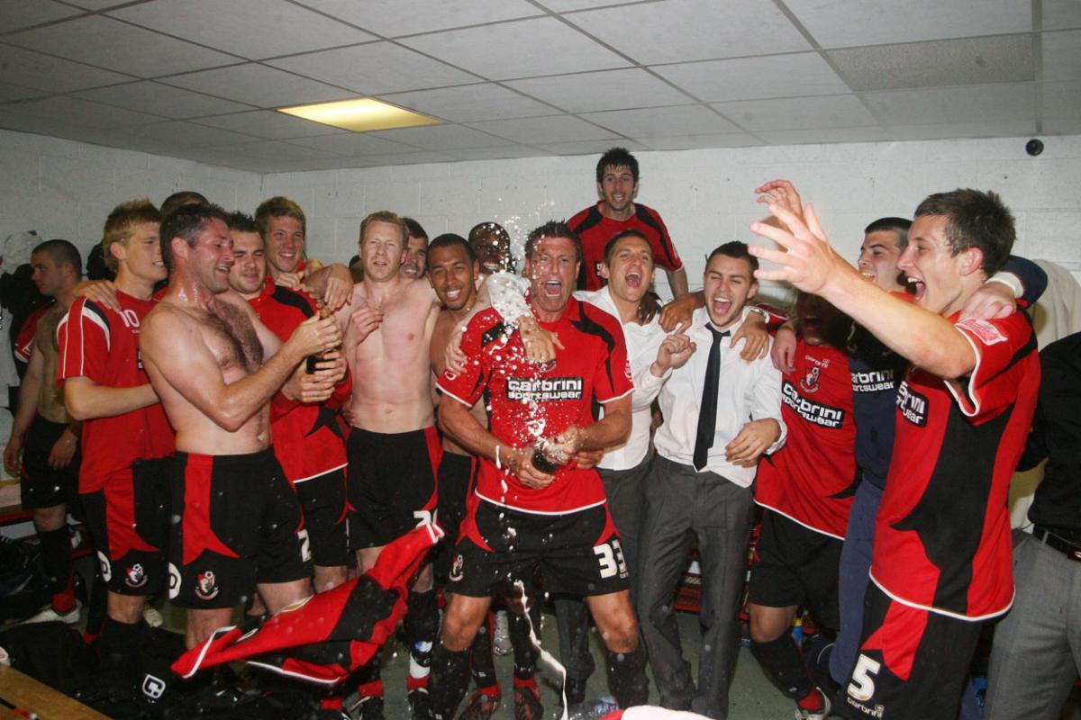 The Greatest Escape April 2009 - players celebrate in the changing room. AFC Bournemouth v Grimsby A selection of the images that are featured in the Daily Echo, AFC Bournemouth Photographic Book.