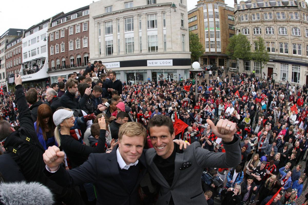 Eddie Howe and Jason Tindall. AFC Bournemouth celebrate their promotion to The Championship with an open-top bus  parade  from Dean Court to Bournemouth Square.  A selection of the images that are featured in the Daily Echo, AFC Bournemouth Photographic B