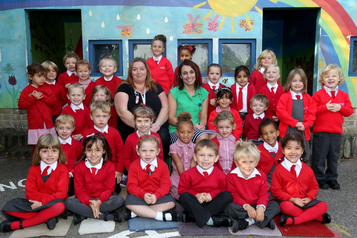 Reception children at Pokesdown Community Primary School with teachers, Miss Chester and Miss Roebuck.