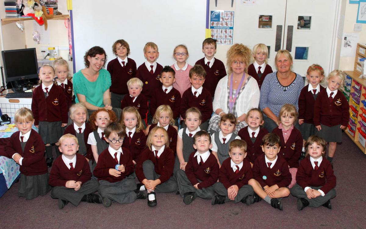 Priory C of E Primary School, Class R with teacher Mrs Jenny Sibbald, right, and TA Mrs Jessica Johnson, left, and TA Mrs Karen Crabb.
