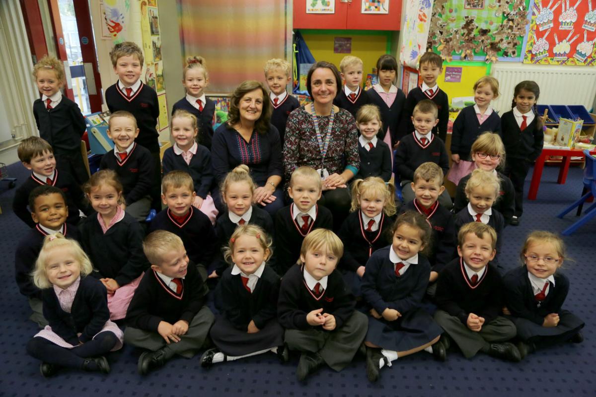 Moordown St Johns Primary School reception class with TA Mrs Hunt and teacher Mrs Ewels.
