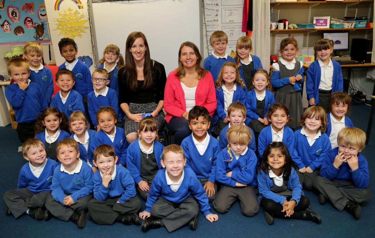 Apple class at Winton Primary School with teacher Miss Hill and TA Mrs Whiteman