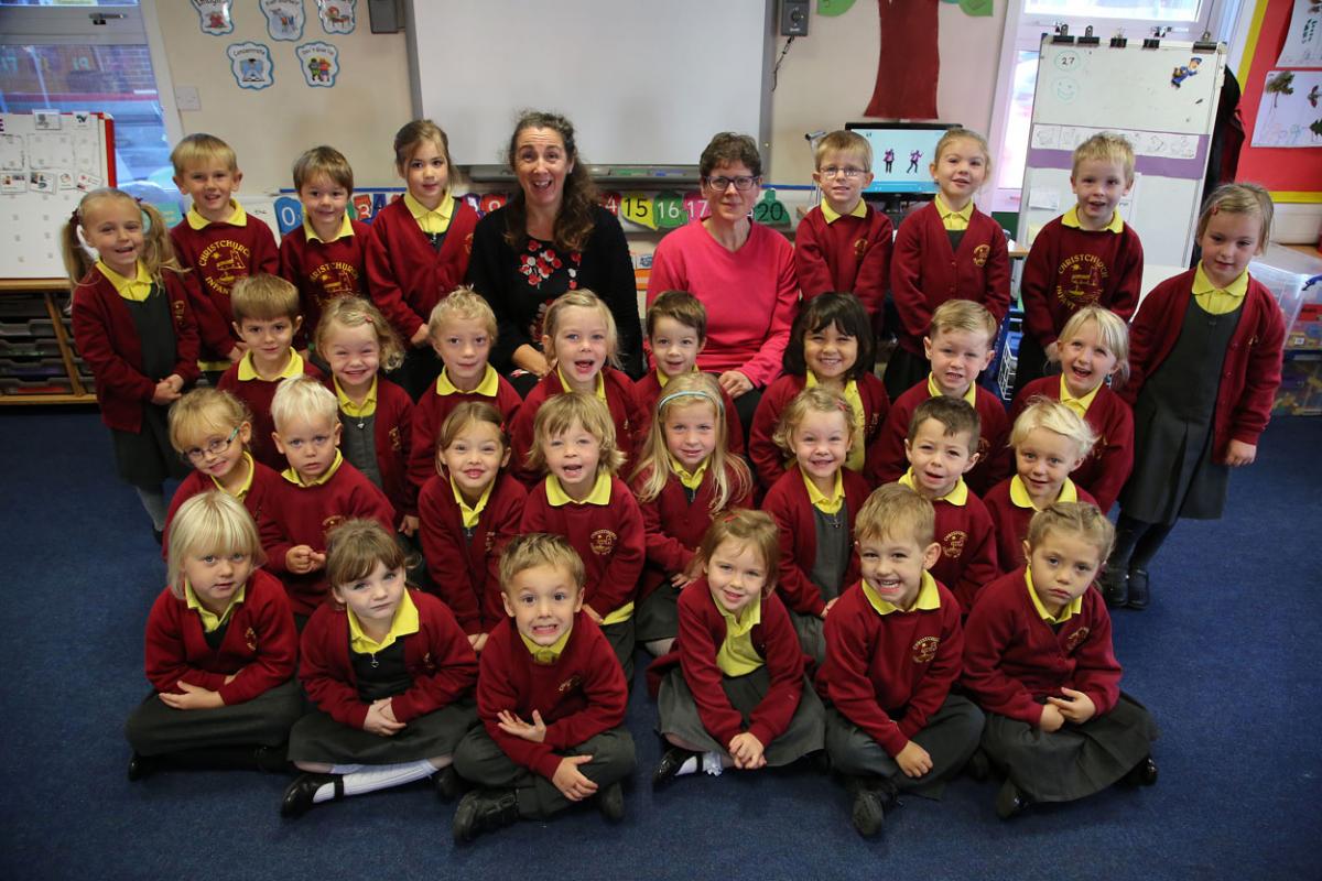 Pupils at Christchurch Infants School with TA Angela Hammond and teacher Nicola Dyer