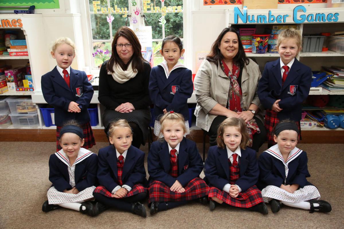 Talbot Heath School pupils with classroom assistant Veronica Rose and teacher Suzanna Walker