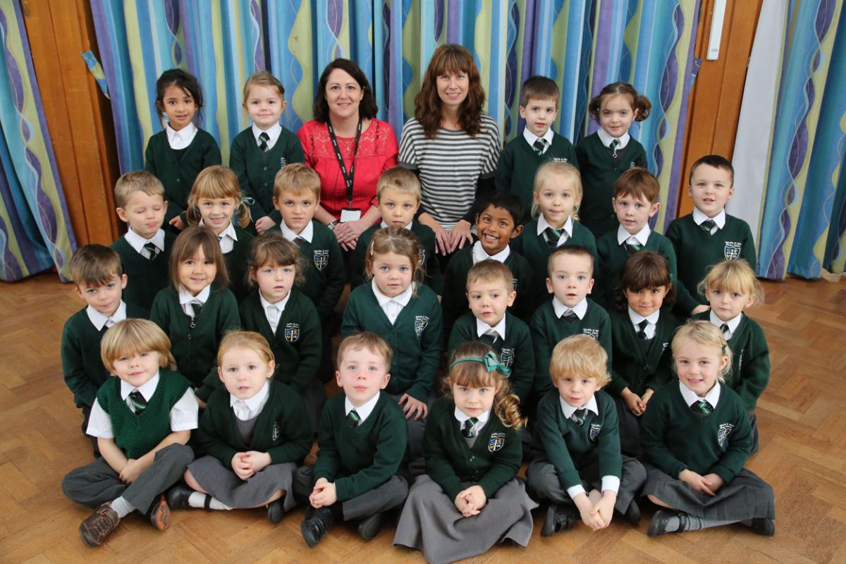 Reception class pupils with TA Lucy Bedford and teacher Melanie Simmons at Highcliffe St Mark Primary School. 
