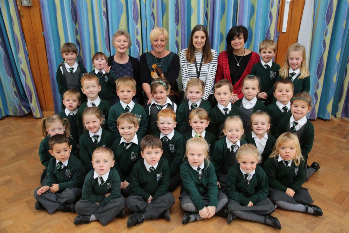 Reception class pupils at Highcliffe St Mark Primary School with TA Gaylene Grant-Barnes, TA Maxine Gribben, teacher Pippa Pandit and TA Maxine Kettle 