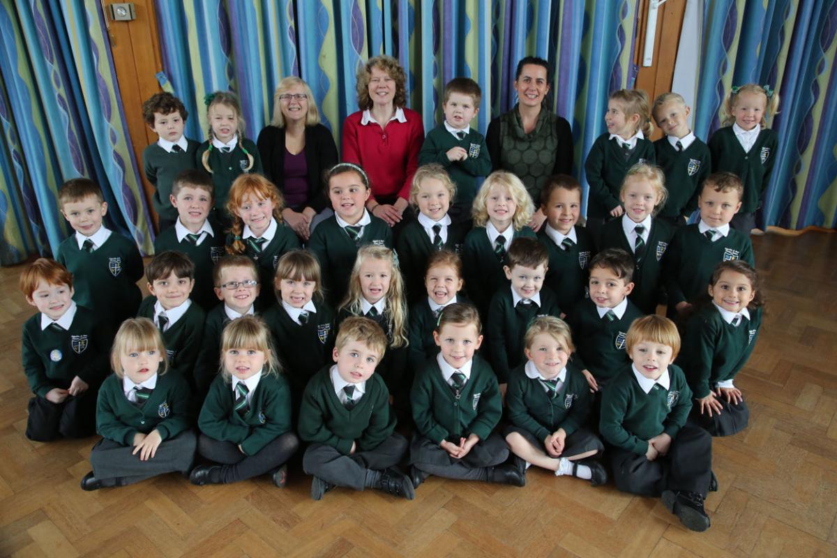 Reception class pupils at Highcliffe St Mark Primary School with TA Pam Wettstein, teacher Liz Booth and TA Sara Hughes