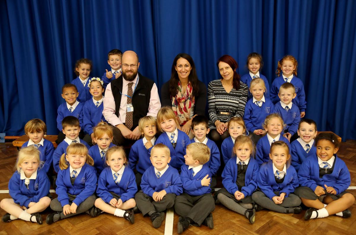 Starfish class at Talbot Primary School with student teacher Mr Clinch, class teacher Miss Lewis and TA Mrs Hole  