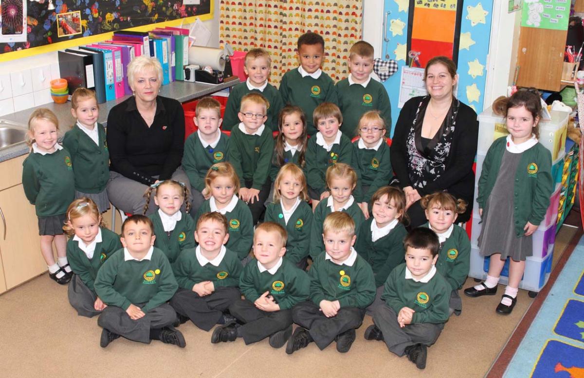 Duck class at Burton Church of England Primary School  with teacher Mrs Suzanne Vaughan, right, and LSA Mrs Tania Cook, left.