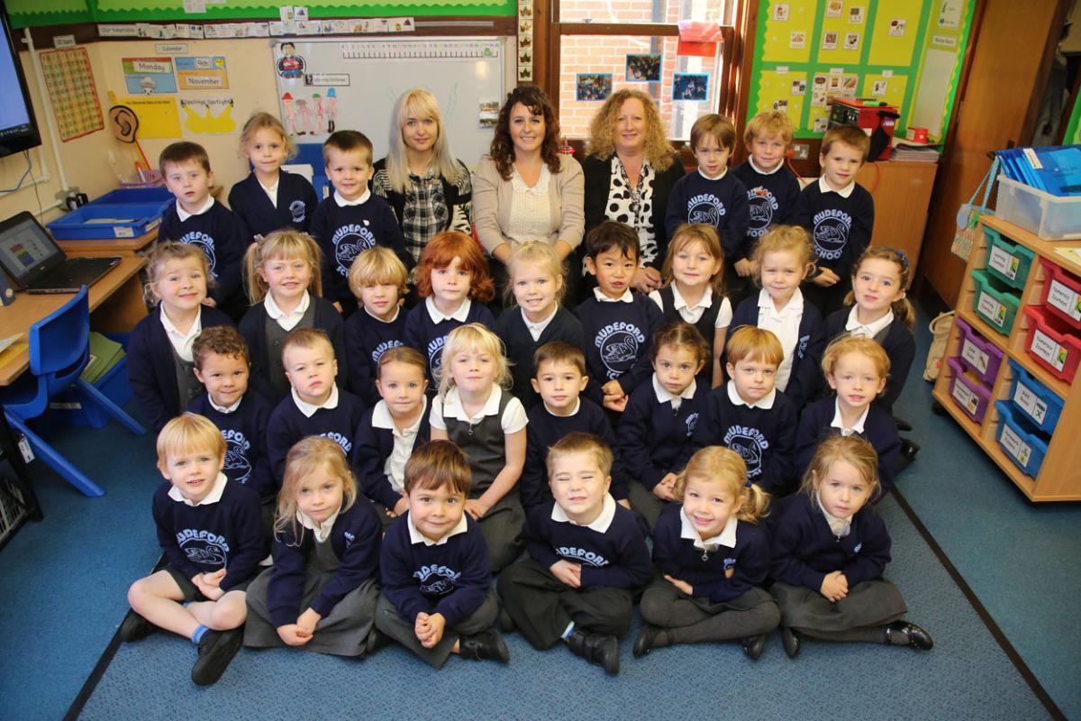 Reception class pupils at Mudeford Infants School with TA Michelle Maidment, teacher Sam Clarke and TA Michelle Roberts. 