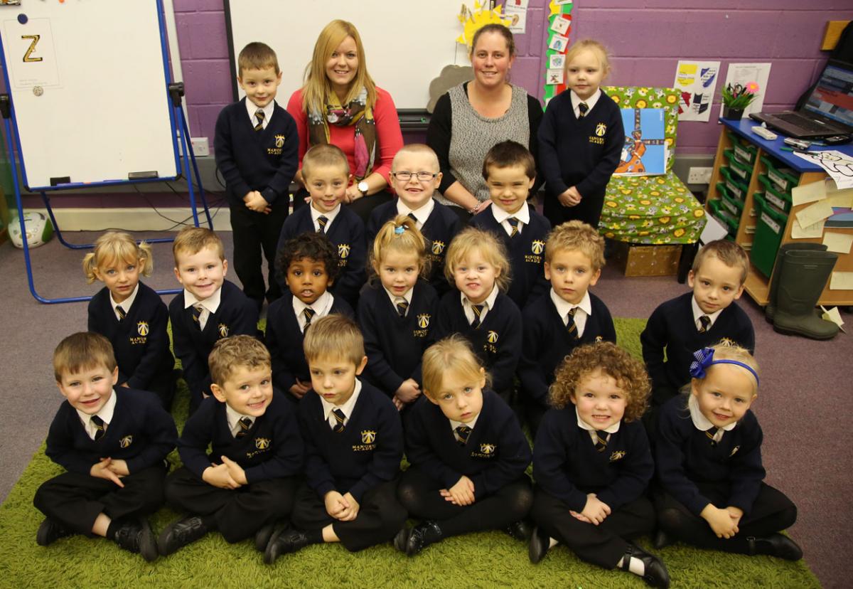 Reception class pupils at Manorside Academy with teacher Andrea Lock and TA Tarryn Sammon. 