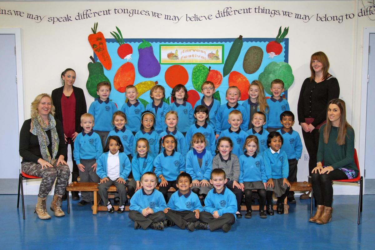 Puffer Fish class at Old Town Infant School and Nursery with teacher Kathryn Butcher, front left, TA Lorna Cowan, back left, student teacher Kirsty Roberts, front right and TA Sam Culwick, back right.
